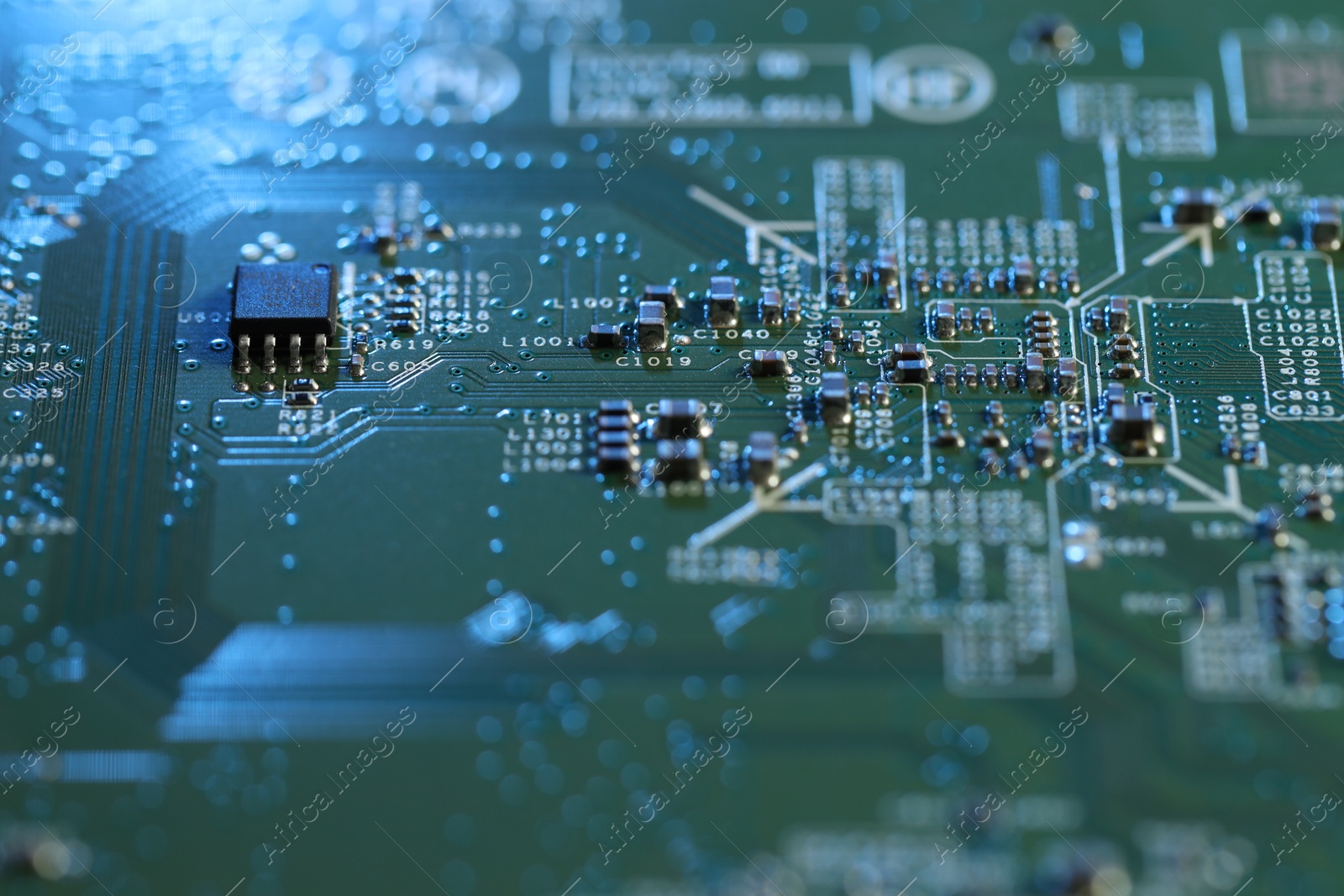 Photo of Computer circuit board, macro view. Electronic engineering