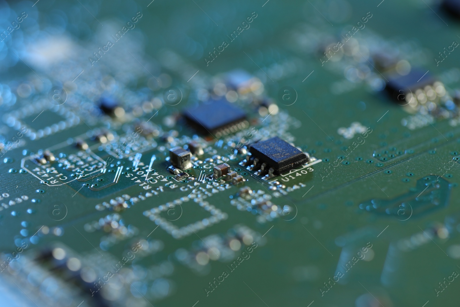 Photo of Computer circuit board, macro view. Electronic engineering