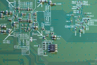 Photo of Electronic circuit board as background, top view