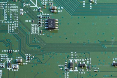 Photo of Electronic circuit board as background, top view