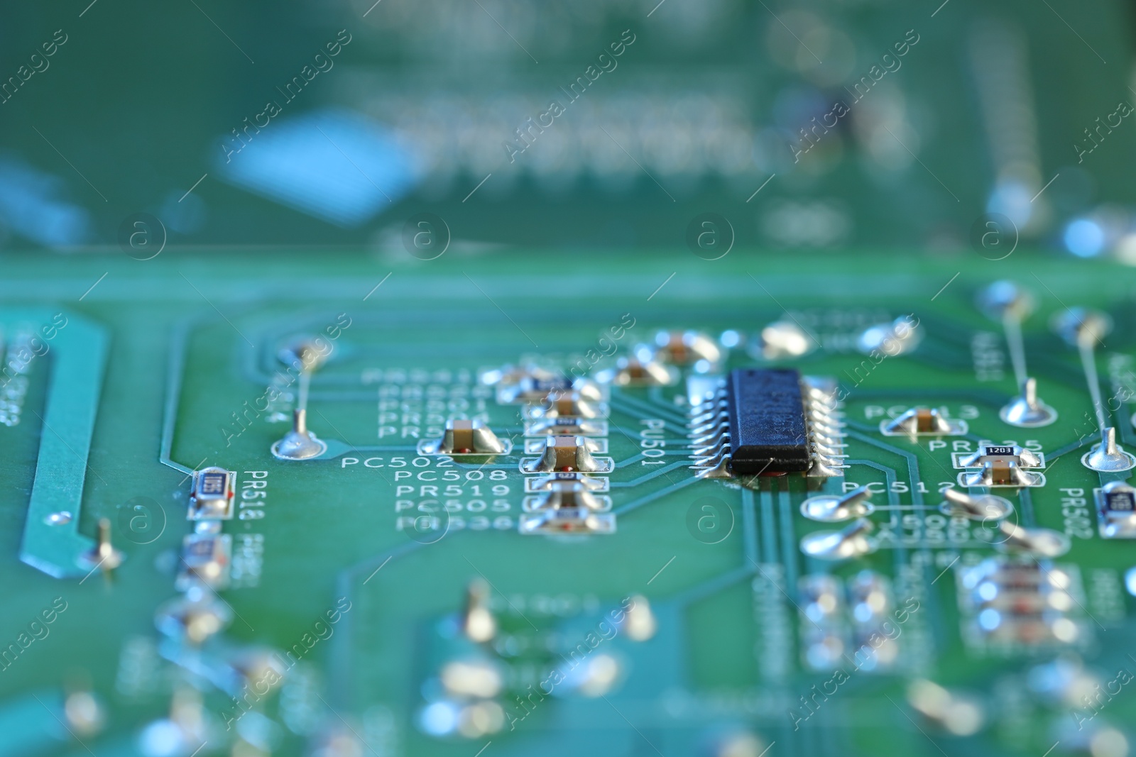 Photo of Computer circuit board, macro view. Electronic engineering