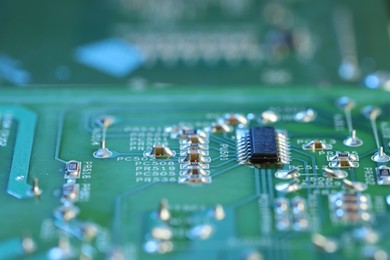 Photo of Computer circuit board, macro view. Electronic engineering