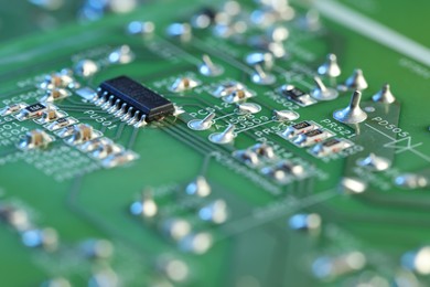 Photo of Computer circuit board, macro view. Electronic engineering