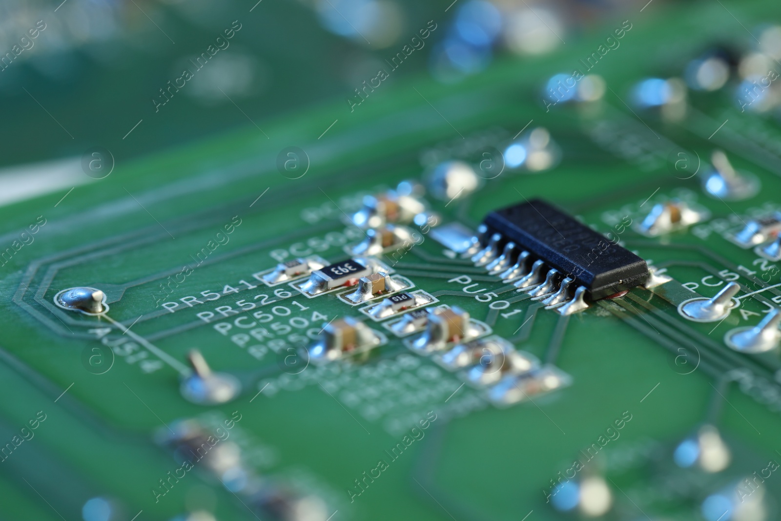 Photo of Computer circuit board, macro view. Electronic engineering