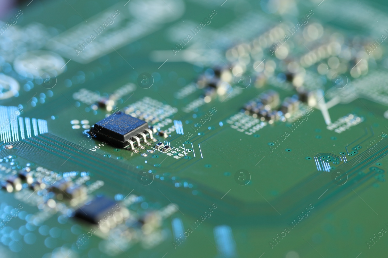 Photo of Computer circuit board, macro view. Electronic engineering