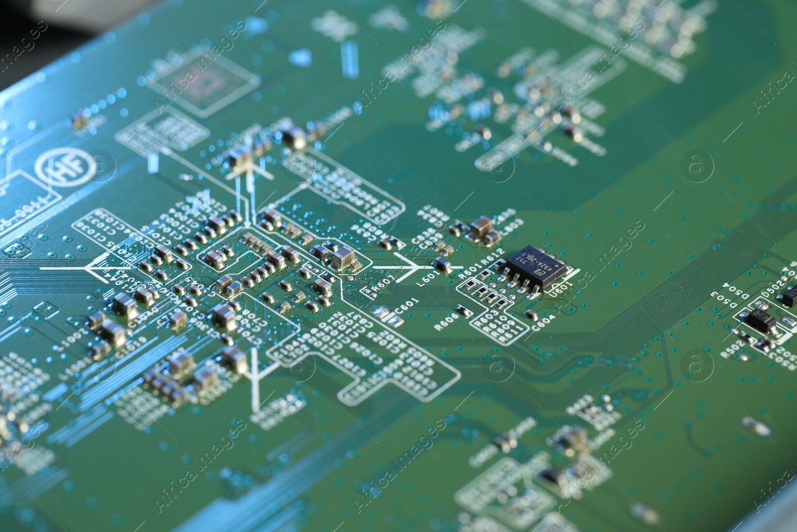 Photo of Computer circuit board, macro view. Electronic engineering