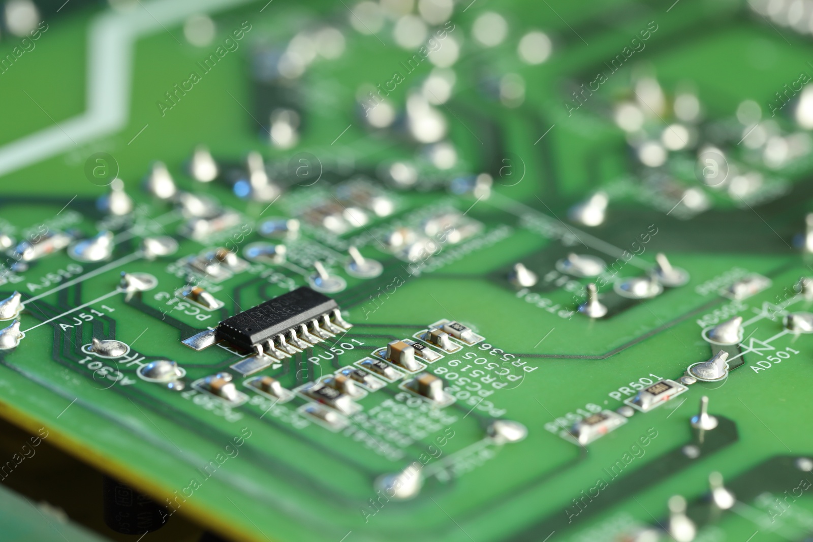 Photo of Computer circuit board, macro view. Electronic engineering