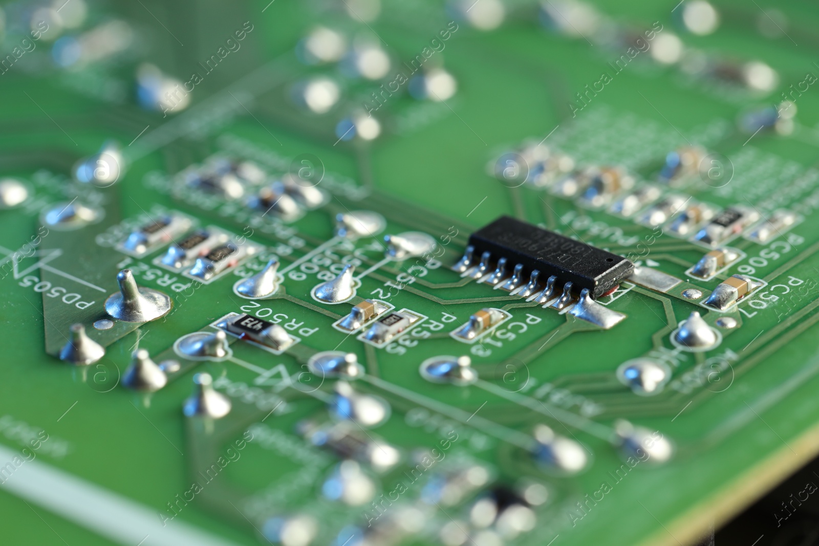 Photo of Computer circuit board, macro view. Electronic engineering