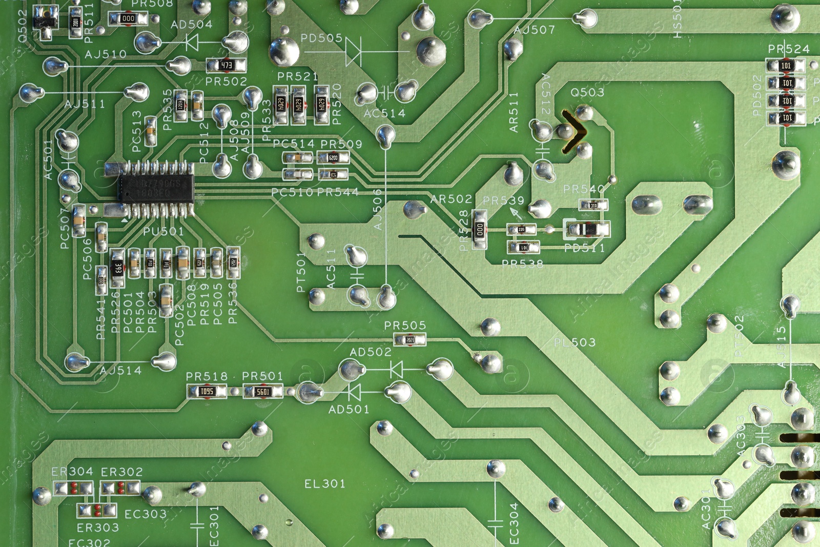 Photo of Electronic circuit board as background, top view