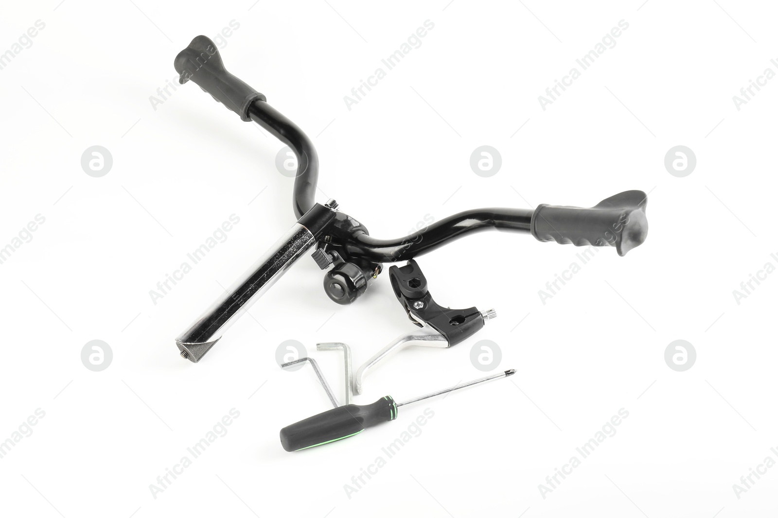 Photo of Parts of bicycle and tools on white background