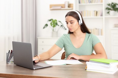 Photo of Student in headphones studying with laptop at wooden table indoors