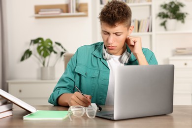 Student with headphones studying at table indoors