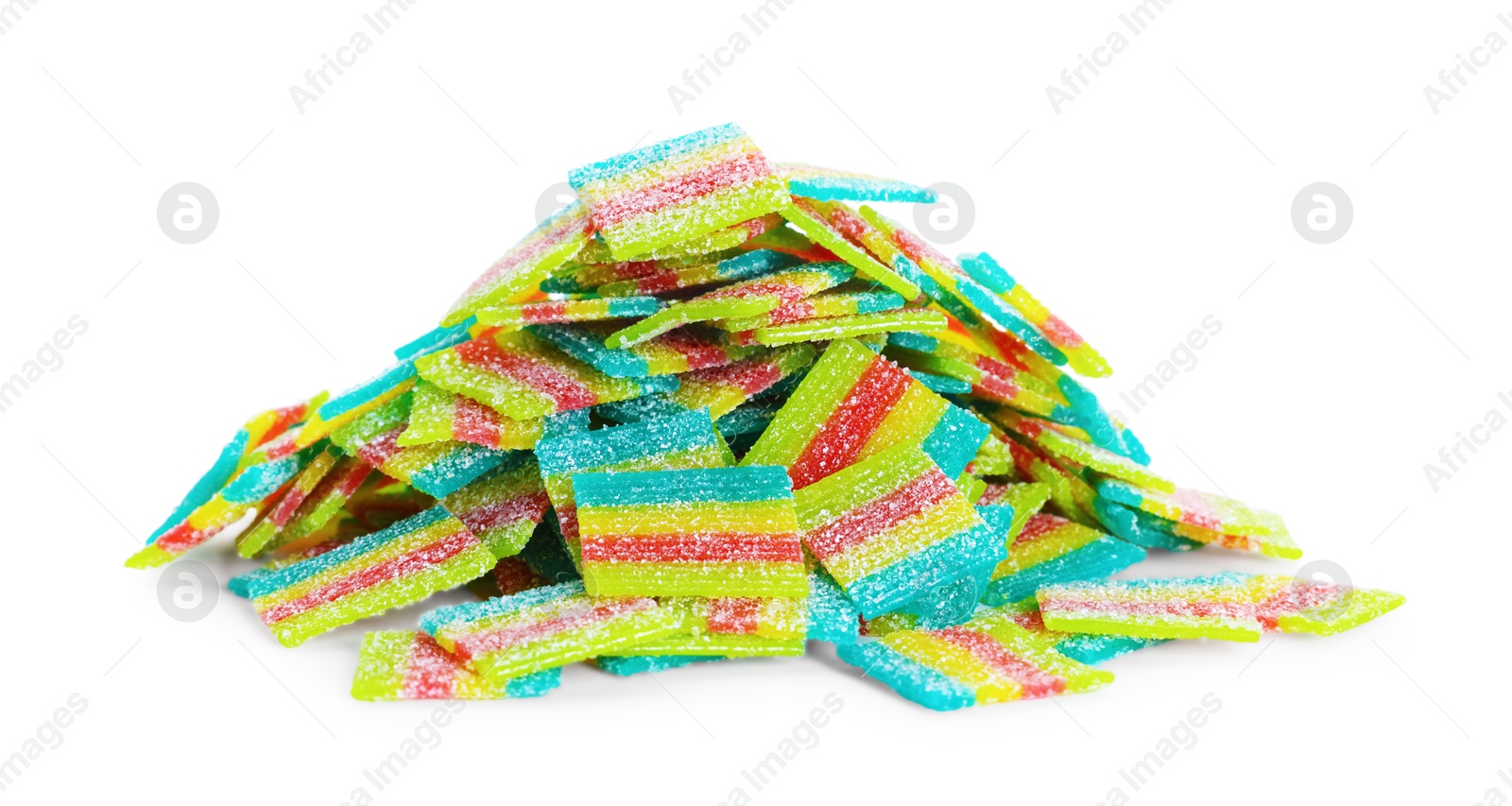 Photo of Tasty rainbow sour belts isolated on white