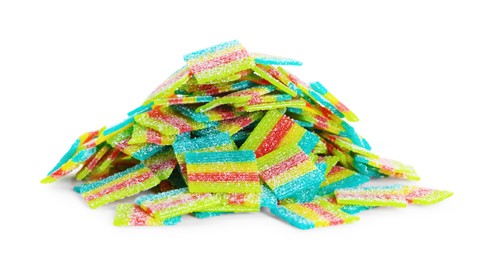 Photo of Tasty rainbow sour belts isolated on white