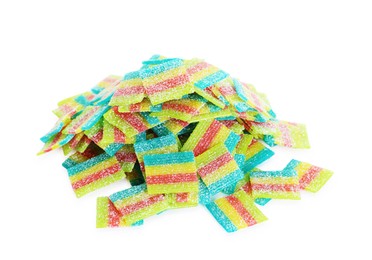 Photo of Tasty rainbow sour belts isolated on white