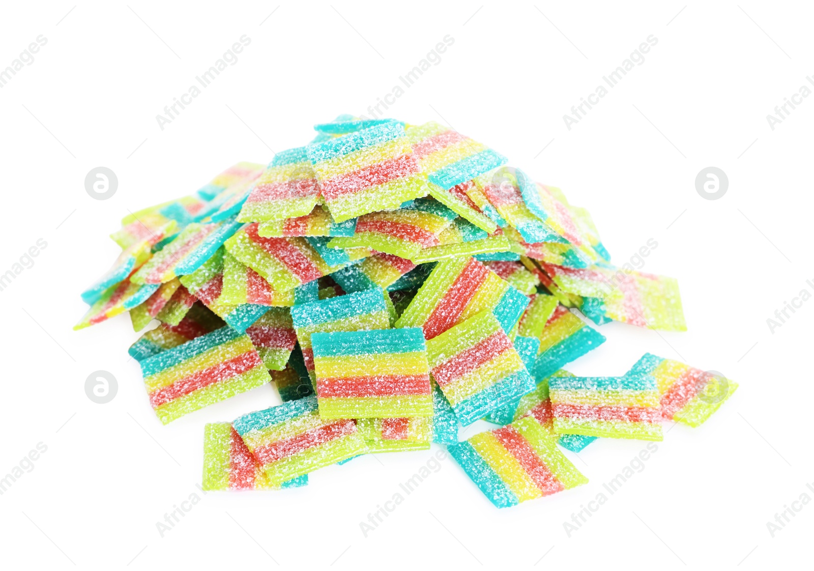 Photo of Tasty rainbow sour belts isolated on white