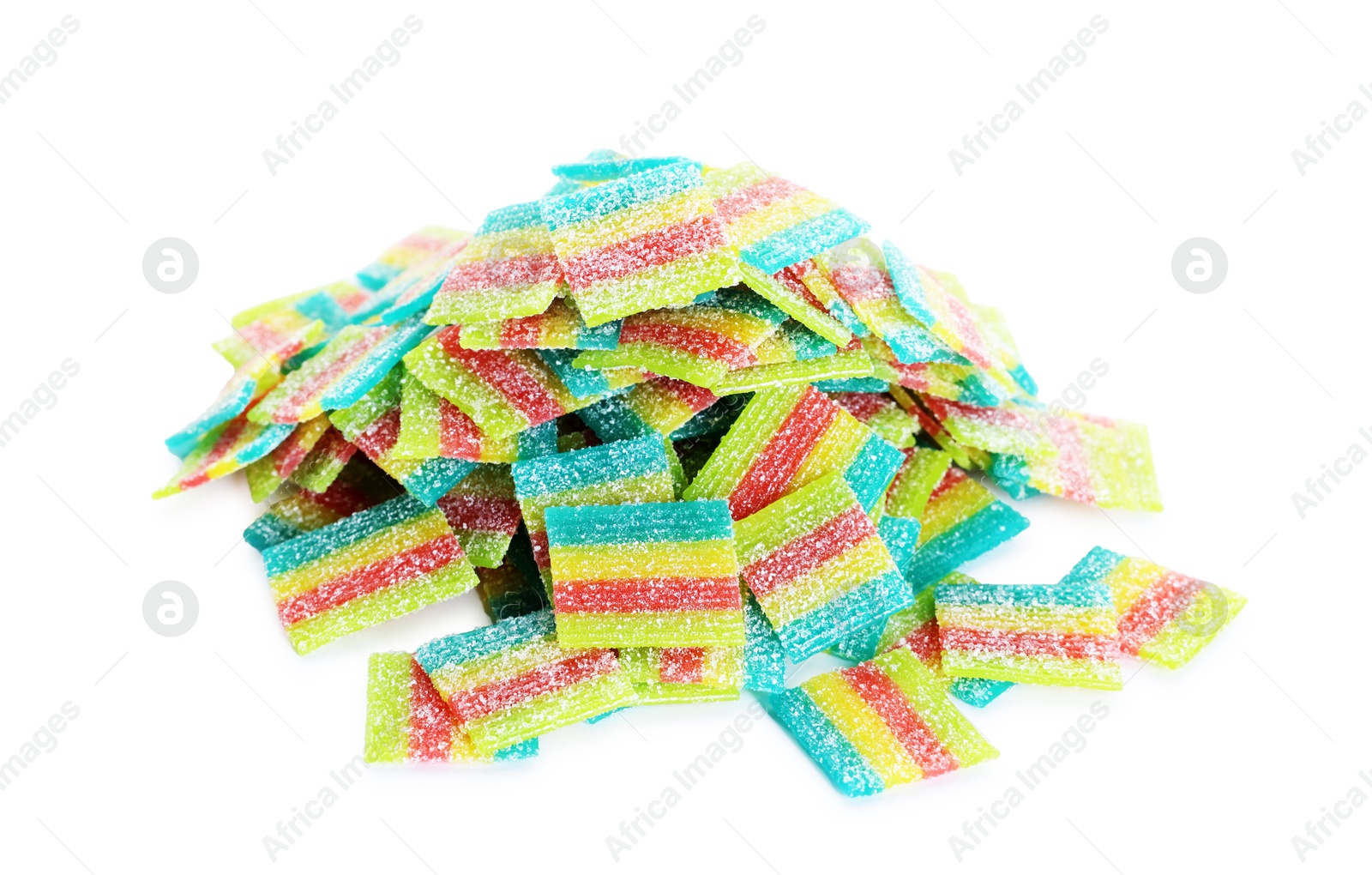 Photo of Tasty rainbow sour belts isolated on white