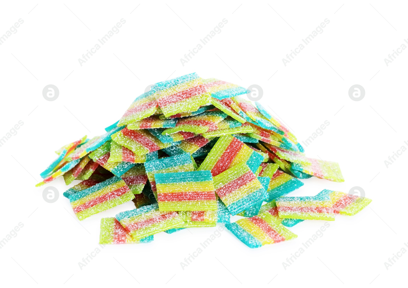 Photo of Tasty rainbow sour belts isolated on white