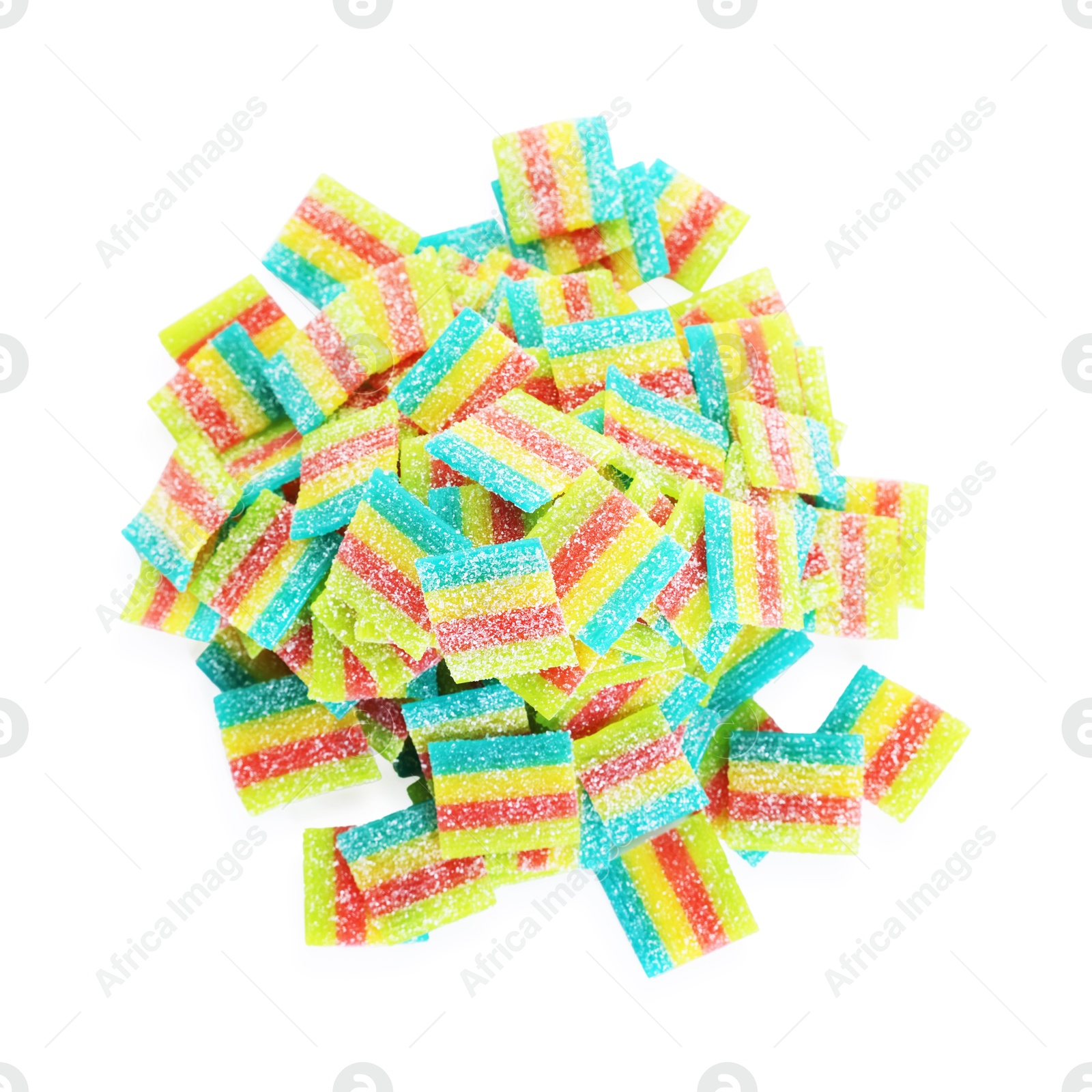 Photo of Tasty rainbow sour belts isolated on white, top view