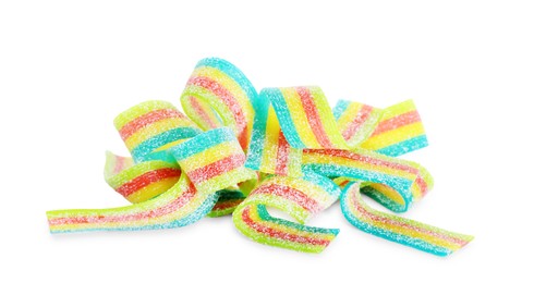 Photo of Tasty rainbow sour belts isolated on white