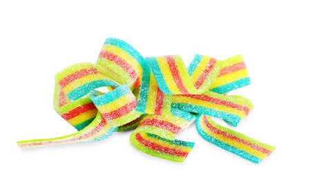 Photo of Tasty rainbow sour belts isolated on white