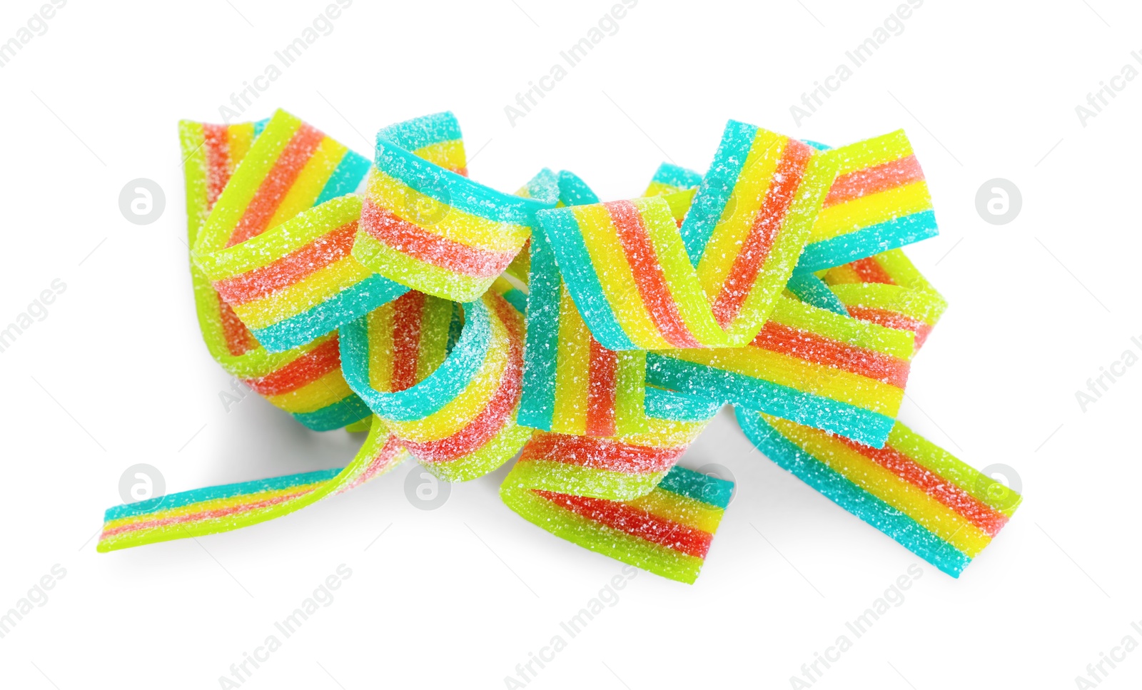 Photo of Tasty rainbow sour belts isolated on white, top view