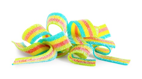 Photo of Tasty rainbow sour belts isolated on white