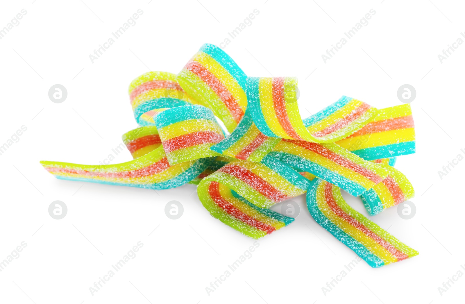 Photo of Tasty rainbow sour belts isolated on white