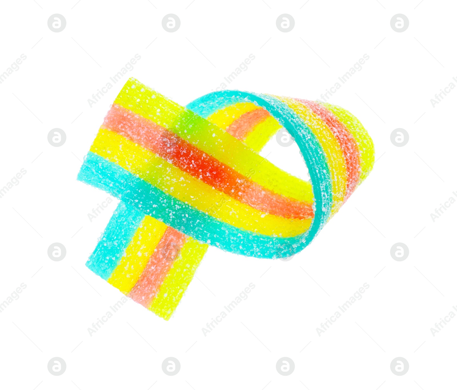 Photo of Tasty rainbow sour belt isolated on white