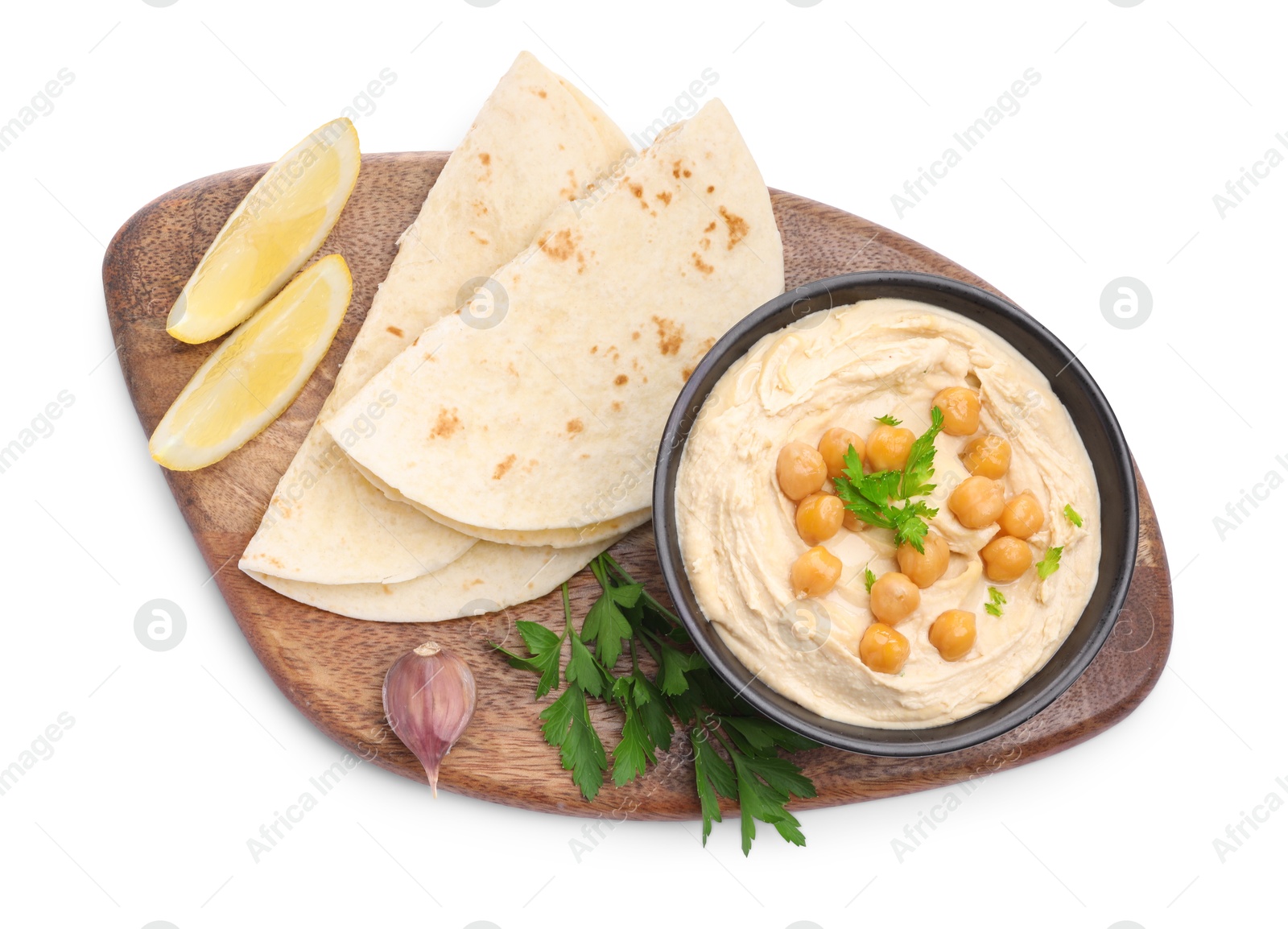 Photo of Delicious hummus with chickpeas and pita isolated on white, top view