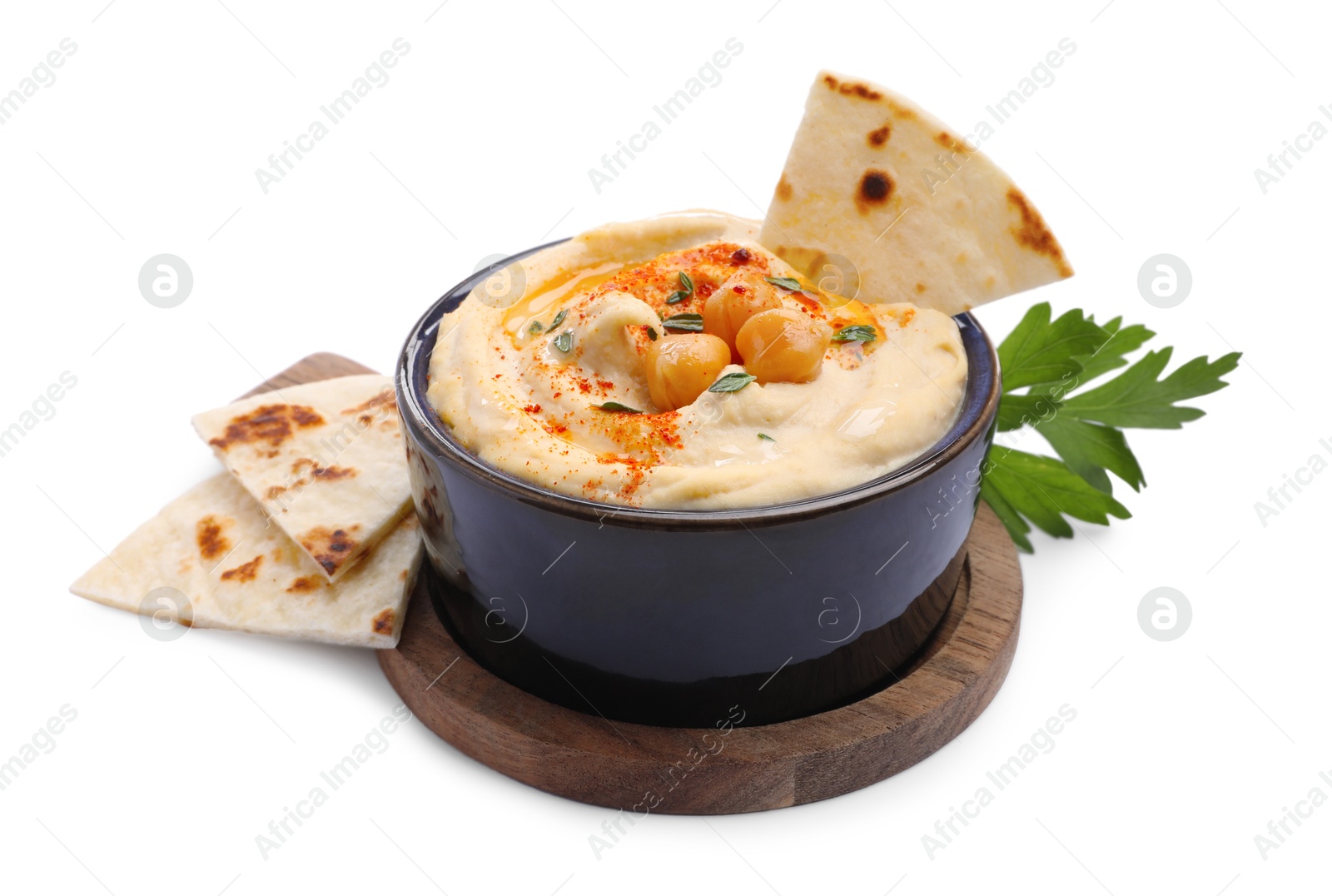 Photo of Delicious hummus with chickpeas and pita isolated on white