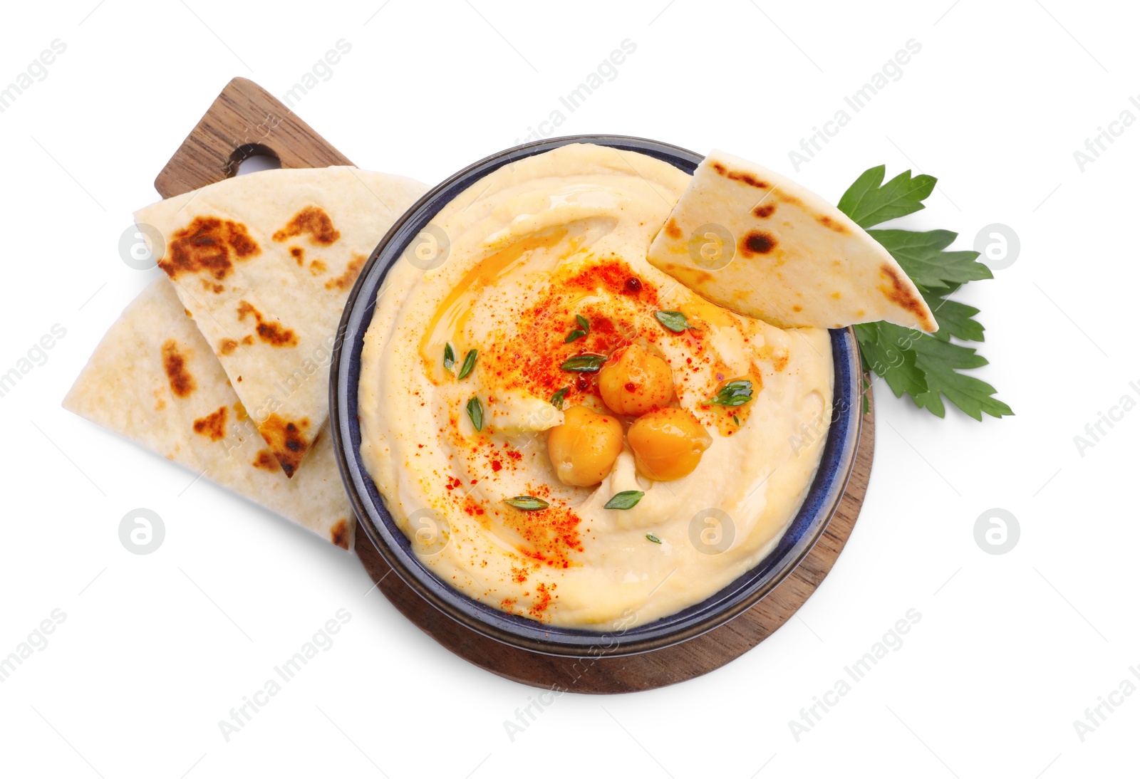 Photo of Delicious hummus with chickpeas and pita isolated on white, top view