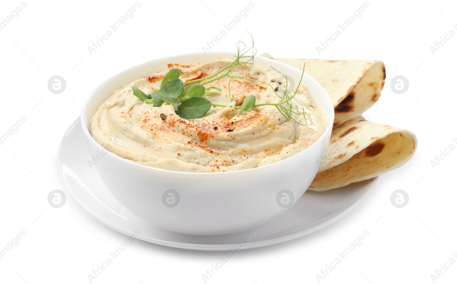 Photo of Delicious hummus with paprika and pita isolated on white