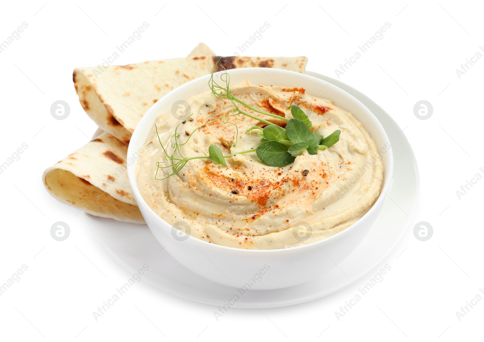 Photo of Delicious hummus with paprika and pita isolated on white