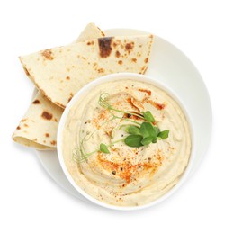 Photo of Delicious hummus with paprika and pita isolated on white, top view