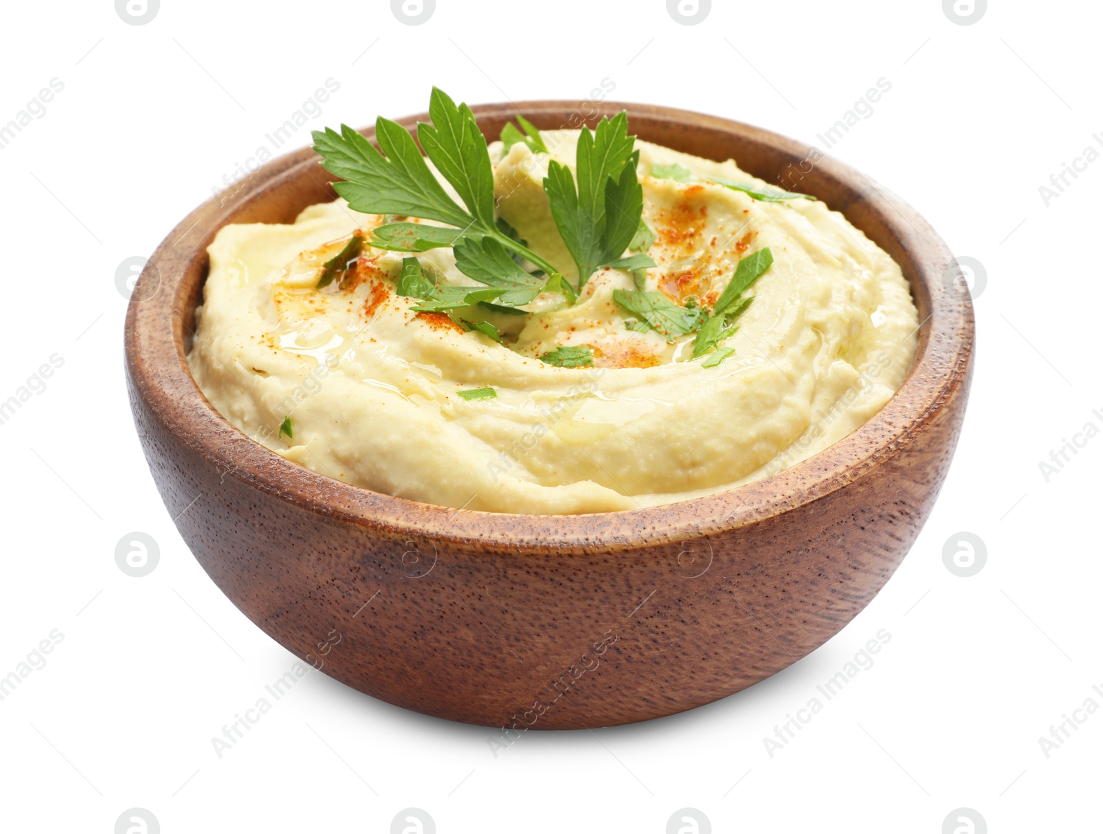 Photo of Delicious hummus with paprika and parsley in bowl isolated on white