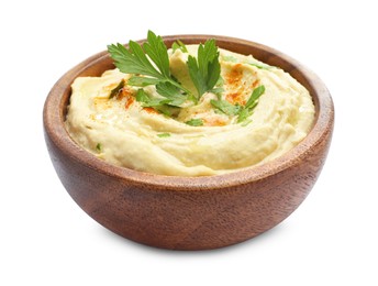 Photo of Delicious hummus with paprika and parsley in bowl isolated on white