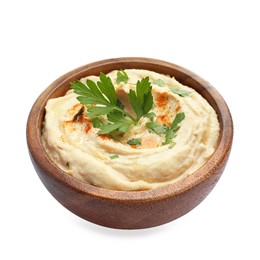 Delicious hummus with paprika and parsley in bowl isolated on white