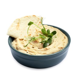 Delicious hummus in bowl and pita isolated on white