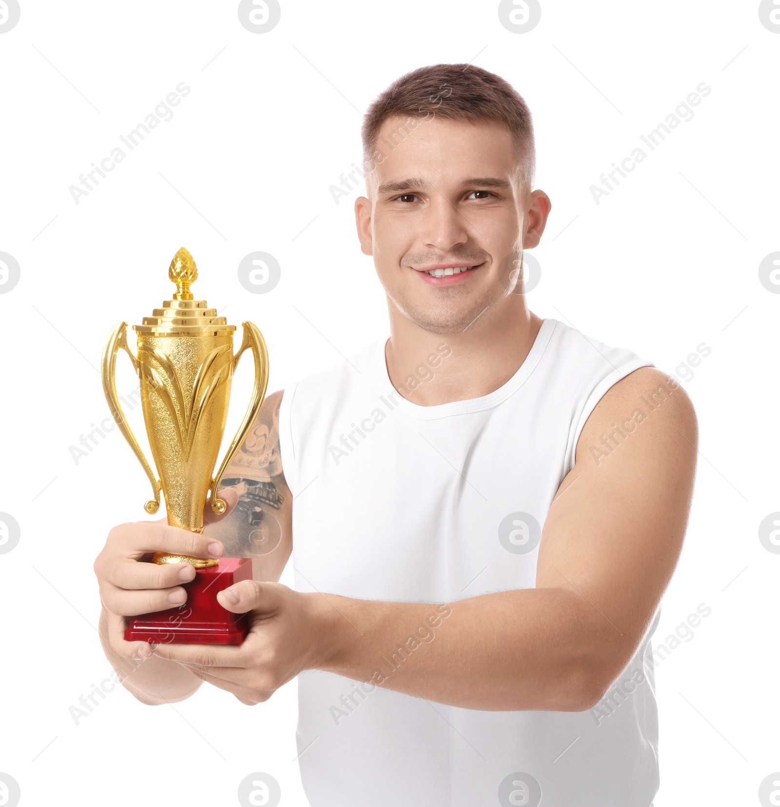 Photo of Happy winner with golden trophy cup on white background