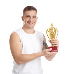 Photo of Happy winner with golden trophy cup on white background