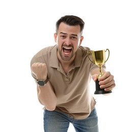 Happy winner with golden trophy cup on white background