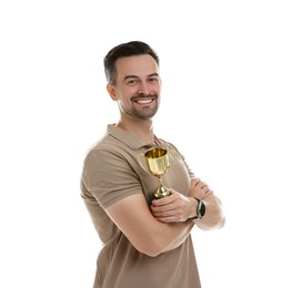 Happy winner with golden trophy cup on white background