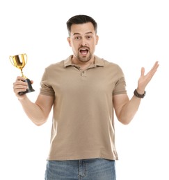 Emotional winner with golden trophy cup on white background