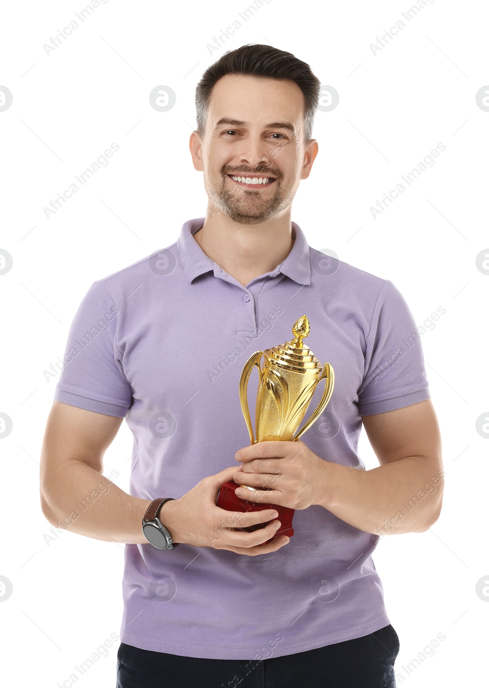 Photo of Happy winner with golden trophy cup on white background