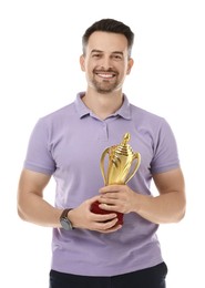 Happy winner with golden trophy cup on white background