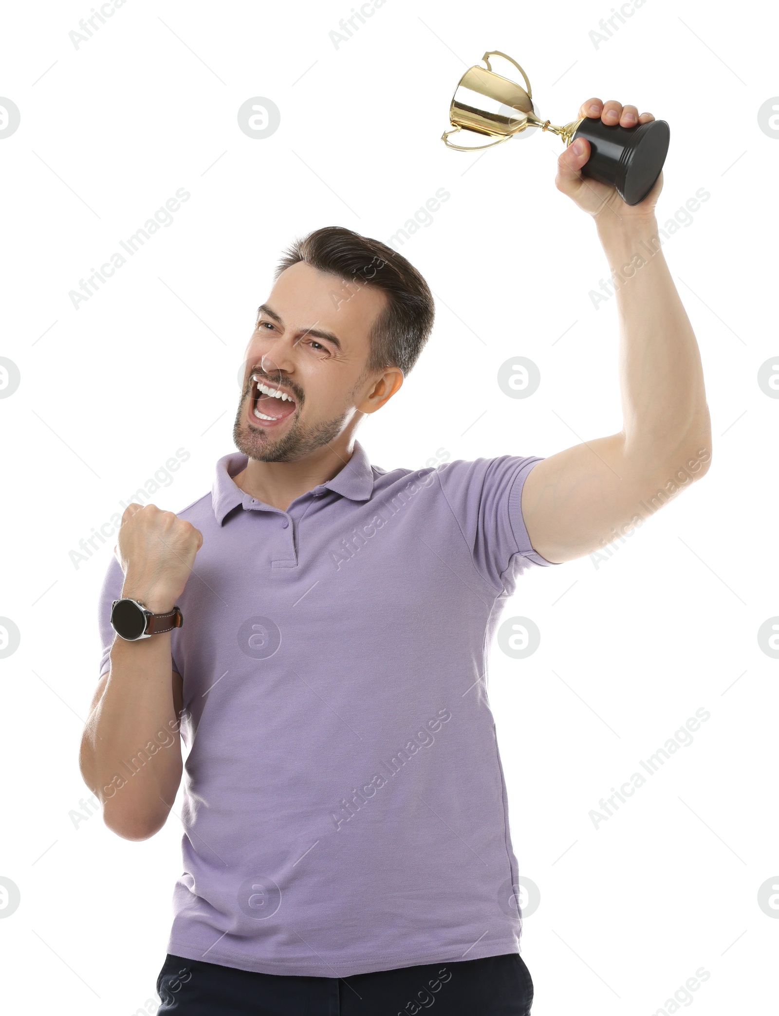 Photo of Happy winner with golden trophy cup on white background