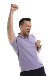 Portrait of happy winner on white background