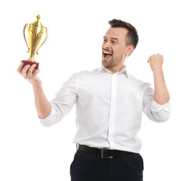 Photo of Happy winner with golden trophy cup on white background