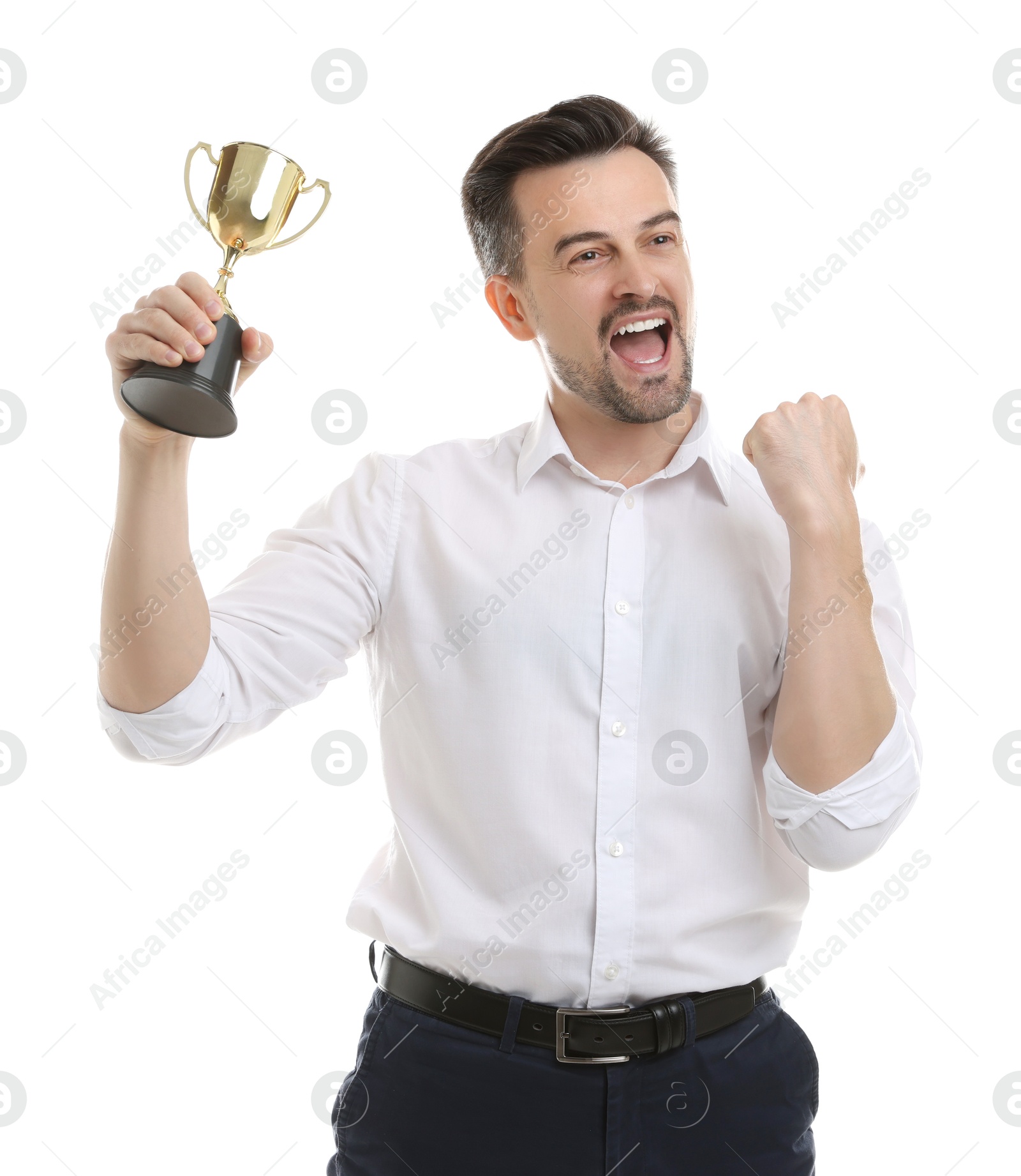 Photo of Happy winner with golden trophy cup on white background